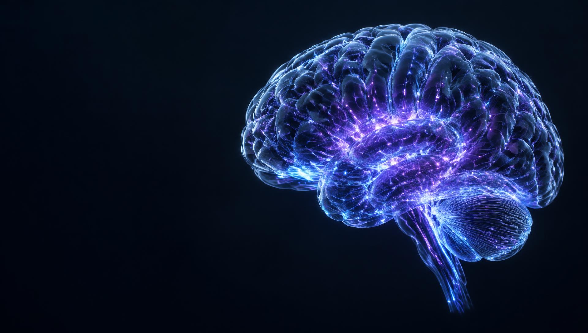 Translucent 3D human brain illuminated by violet and electric-blue neural connections